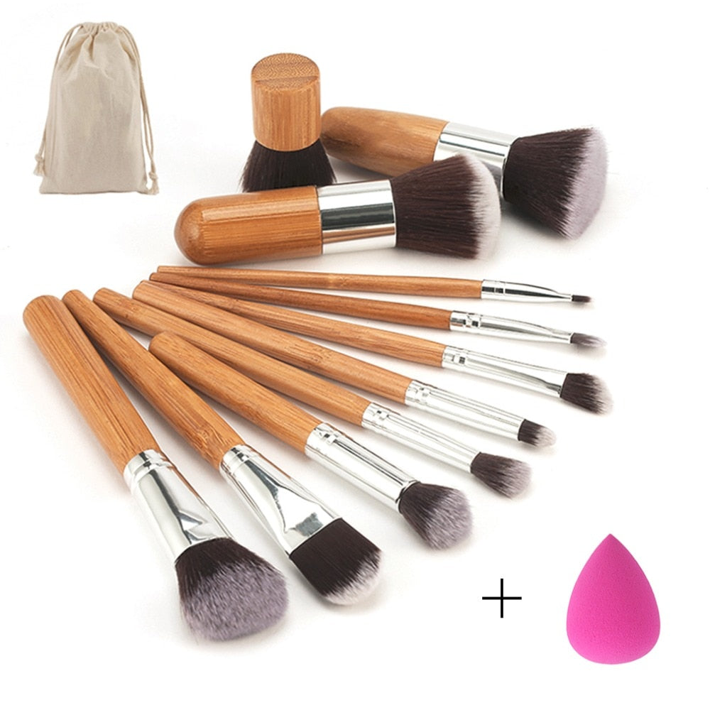 Professional Bamboo Handle Makeup Brushes Eyeshadow Lip Concealer Blush Foundation Brush + Blending Sponges Puff Makeup Set Tool